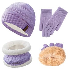 3Pcs Kids Winter Beanie Hat Scarf Gloves Set for 2 10-14 years old 10-14 Purple