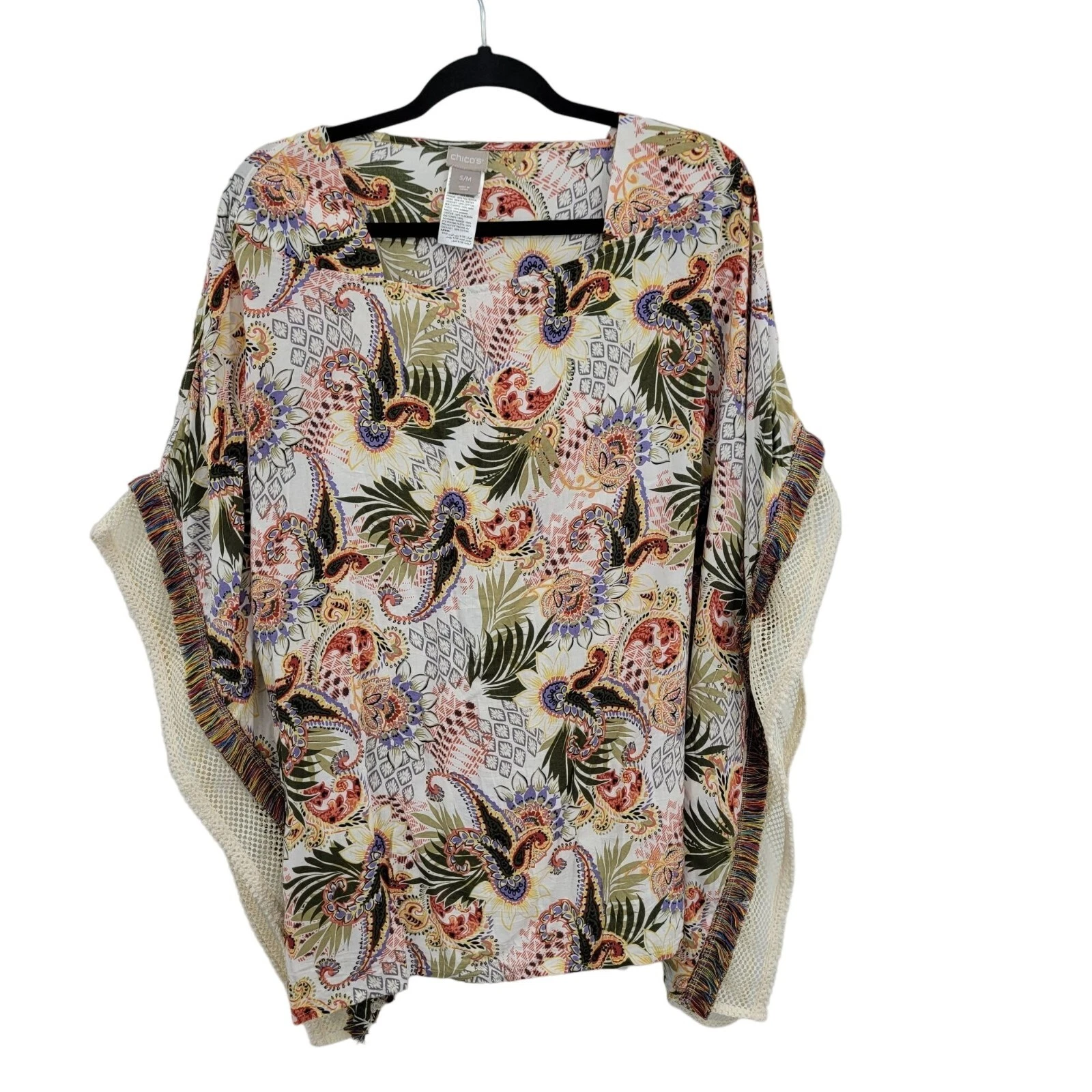 Chico's Boho Oversized Multi-Print Poncho Top Blouse Sz S/M Multicolor Fringed
