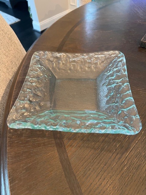Recycled Art Glass Square Bowl Textured Aqua Green 9 Inch Square Excellent Cond