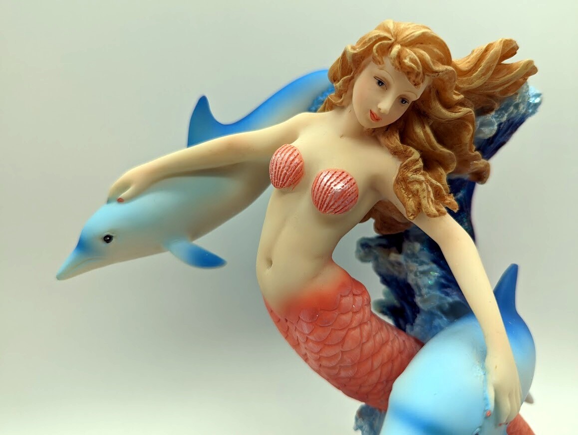 New Pink Mermaid With 2 Dolphins Candle Holder Figurine Mermaid