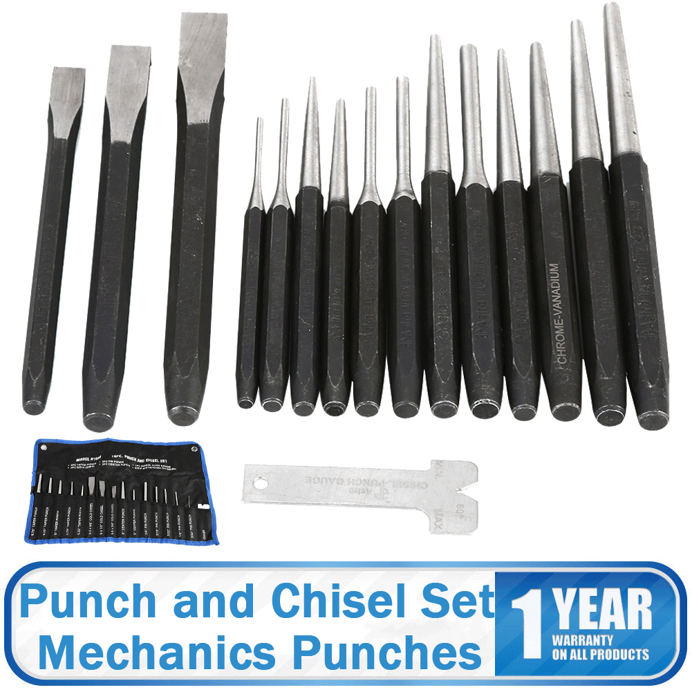 Heavy Duty 16 pcs Punch Chisel set Center Tapered Pin Punches Cold Chisels NEW
