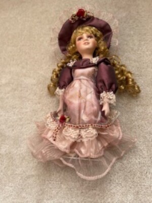 Vintage Red Hair and Brown Eyed 13 inch Porcelain Doll with Stand