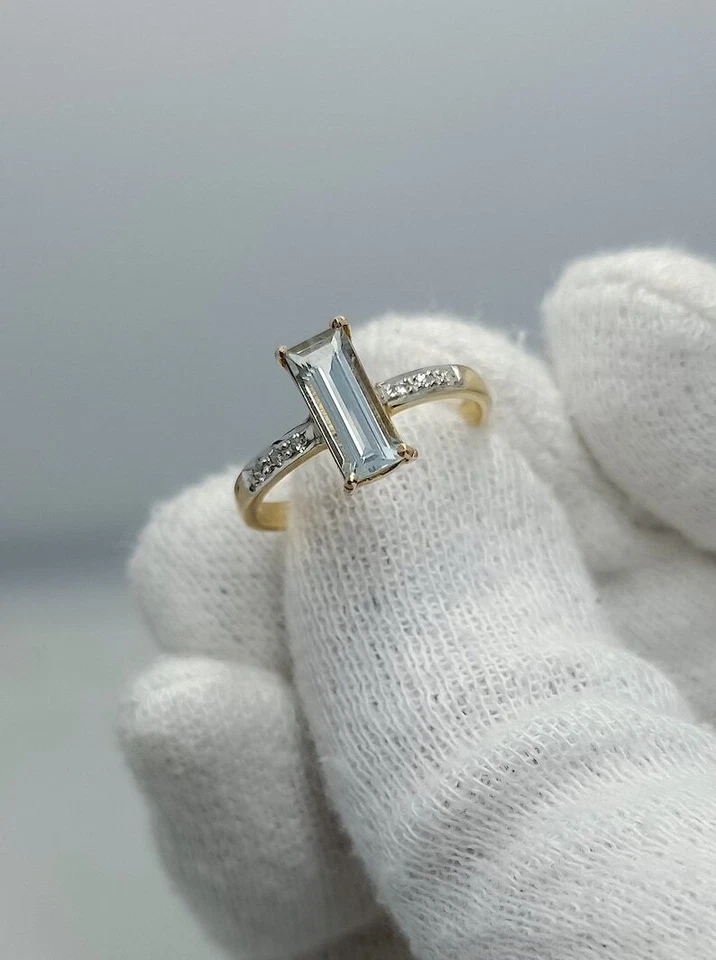14k Gelbgold Natürlich Blau Aquamarin Und Diamanten Solitär Verlobungsring - Bild 3 von 4