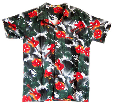JUNGEN LAUT HAWAIIANISCHES SHIRT: GITARREN + HIBISKUSBLUMEN Sommerurlaub Party NEU
