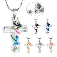 Urn Necklace for Ashes Rose Flower Cross Cremation Jewelry Pendant for Human/Pet