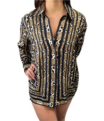 FENDI Vintage Big FF Zucca Logo Silk Shirt Top Leopard Brown Black
