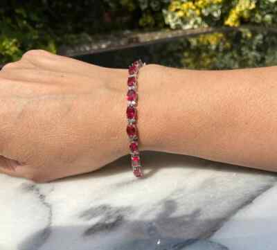 Natural Oval Cut Red Ruby & Round Diamond 14k White Gold Wedding Tennis Bracelet