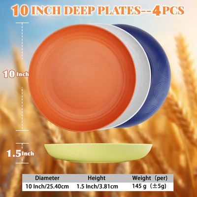 10 Inch Wheat Straw Plates Set, Lightweight and Unbreakable Colorful Dinner P...