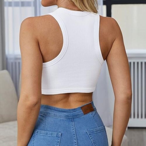 Abardsion Women's Crew Neck Racerback Knit Ribbed Basic Sleeveless Crop Tank Top - Picture 2 of 4