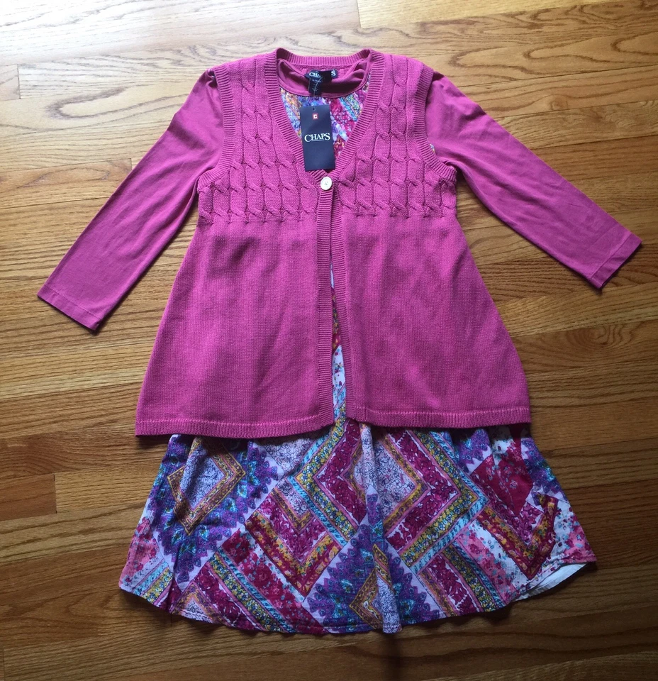 Novo com etiquetas Chaps Ralph Lauren tamanho 16 vestido hippie rosa algodão com colete suéter sem mangas - Imagem 2 de 4