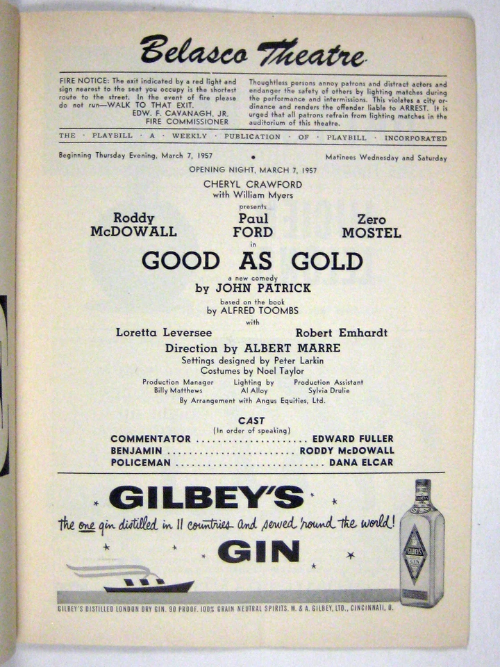 Good as Gold Playbill Opening Night 7 de marzo 1957 Roddy McDowall Zero Mostel FLOP Foto 2 de 4
