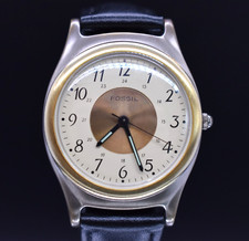 Vtg FOSSIL AUTHENTIC JR 7514 Watch Two Tone Leather 24 hr NEW BATTERY  BAND