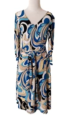 AB Studio Wrap Dress Multicolor Swirl Print 3/4 Sleeve V‑Neck Tie Front Medium
