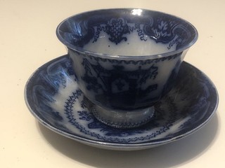 Antique 19th c T J & J Mayer Longport England Flow Blue Oregon Cup & Saucer