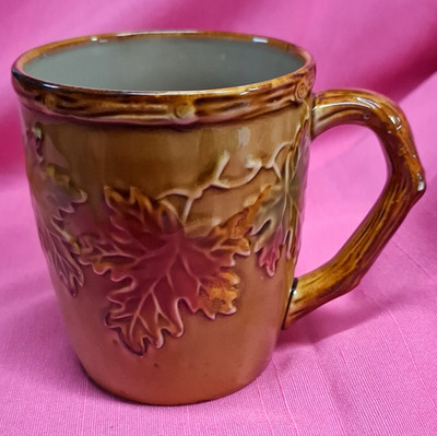 Vintage Brown Ceramic Rustic Leaf Embossed Coffee Mug, 12l oz. Perfect for Fall!