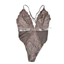 NWT Victoria  s Secret Sheer Lace Mesh Teddy Bodysuit L Taupe Plunge Strappy