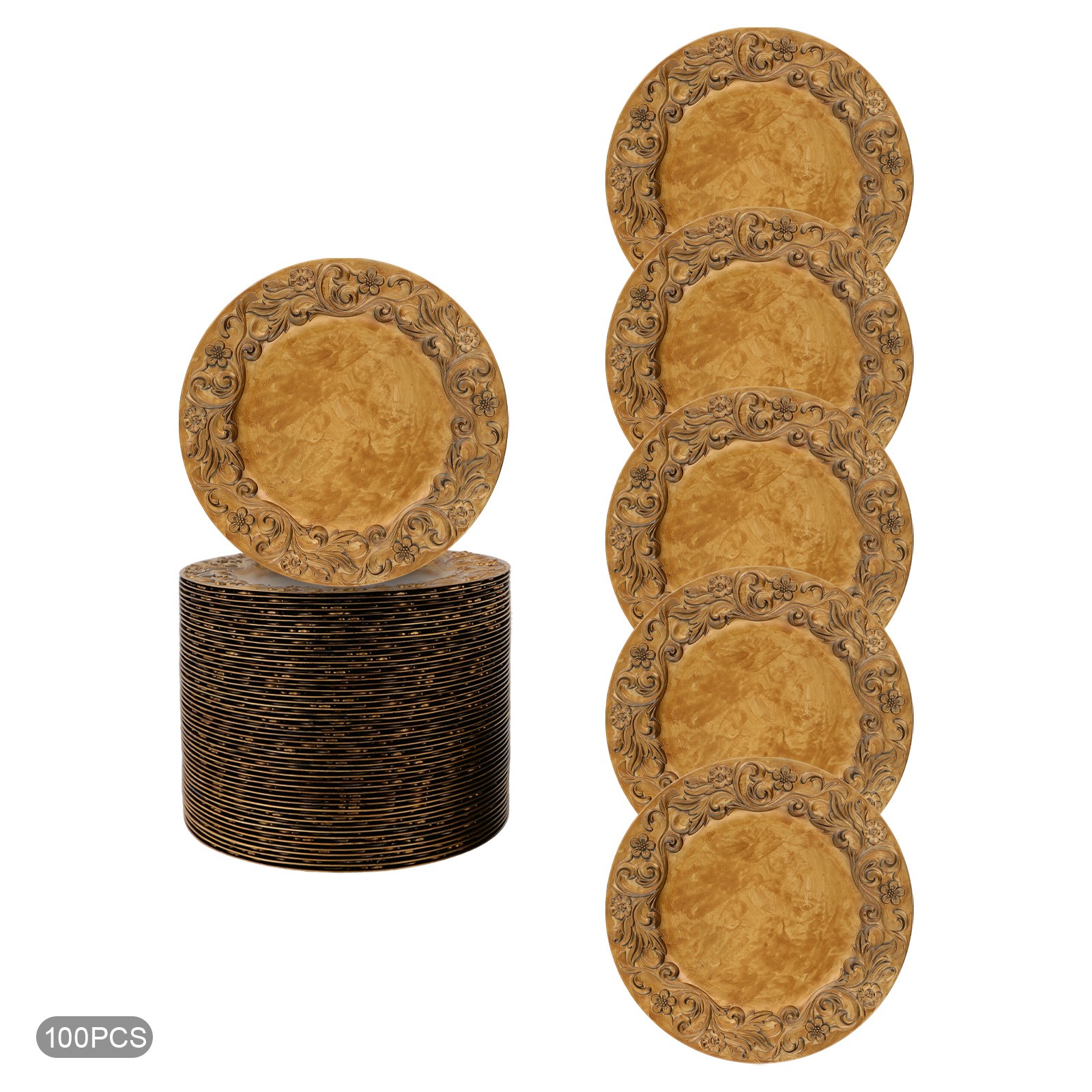 100 Pcs Antique Charger Plates Plastic Dinner Plate Decorative Chargers Gold