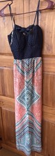 Trixxi Boho Maxi Dress Large Navy Crochet Bodice Geometric Print Cutout Back L