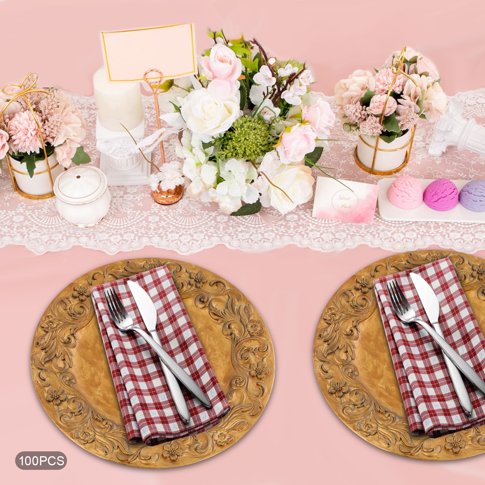 100 Pcs Antique Charger Plates Plastic Dinner Plate Decorative Chargers Gold