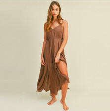 NEW Maxi/Midi Woven Dress V-Neck Sharkbite Asymmetrical Hem Side Lace Up- S-M-L