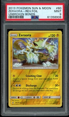 2019 Pokemon Sun Moon Zeraora #60 Reverse Foil Unbroken Bonds PSA