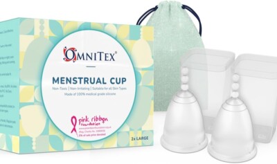 2 Stück Omnitex Menstruationstassen 100 % reines medizinisches Silikon Packung mit 2 x großen Tassen