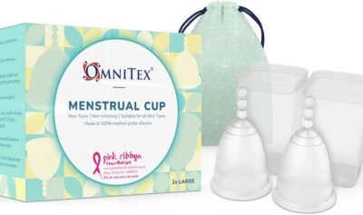 2 Stück Omnitex Menstruationstassen 100 % reines medizinisches Silikon Packung mit 2 x großen Tassen