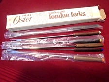 Vintage Oster Stnls Steel Fondue Fork Boxed Set 6 Wood Handle Color Tips #203187