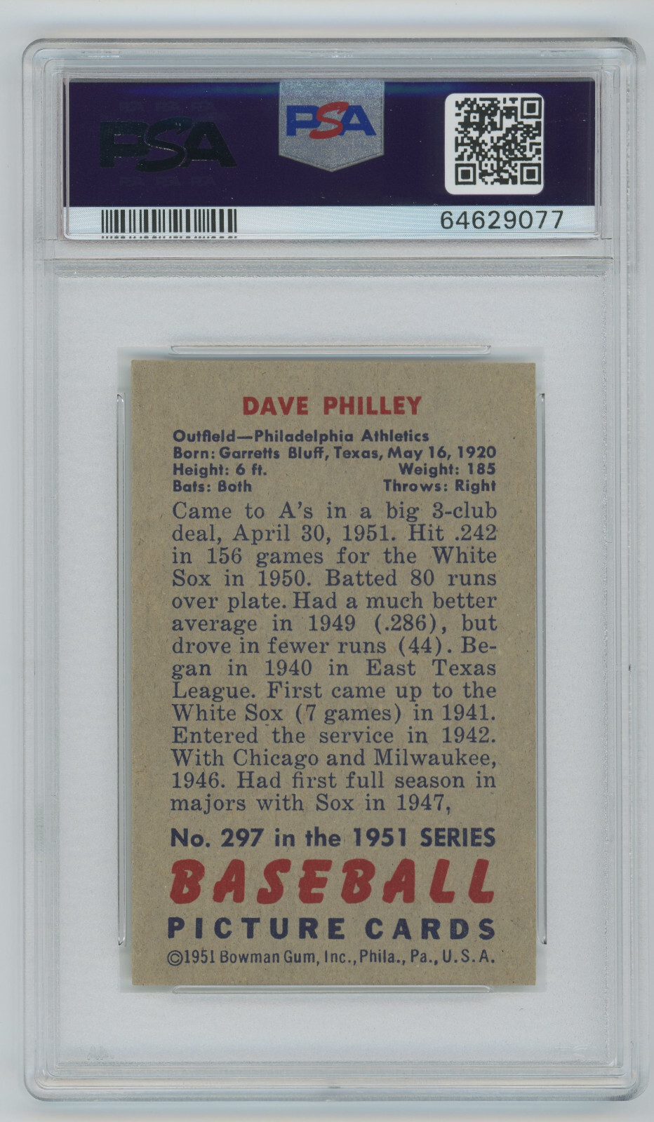 1951 Bowman #297 Dave Philley PSA 7 Philadelphia Athletics Vintage Baseball Card view 2