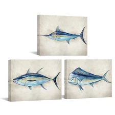 KREATIVE ARTS Canvas Set of 3 Marlin Blue, Mahi, Yellowfin Tuna | Realism Mar...