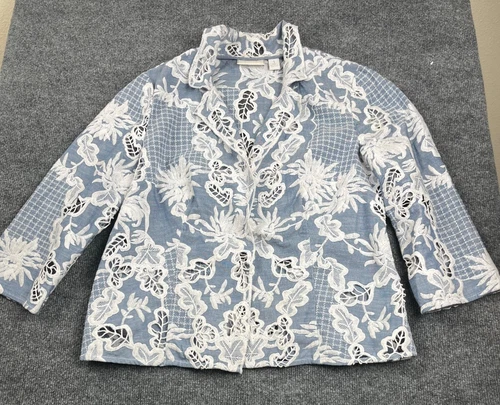 Chico’s Light Blue Chambray White Embroidered Cutout Blazer Jacket Size 8