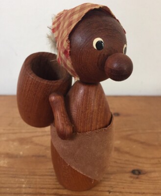 Vintage Danish Teak Wooden Harvesting Farm Lady Woman Toothpick Holder Folk Art