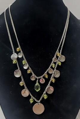 Lia Sophia 16'' Confetti Silver Discs/Green Beads 2 Layered Chain Necklace