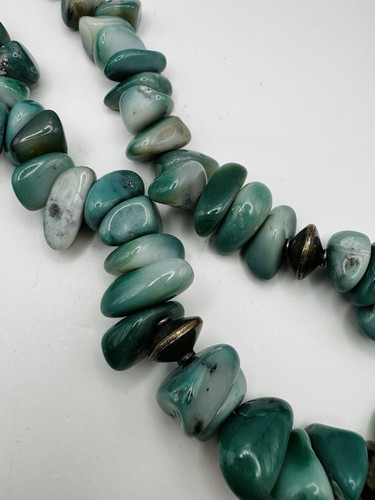 Vintage Green Agate Gemstone Necklace Beaded w Silver Disc Spacers 17” Statement - Picture 11 of 11
