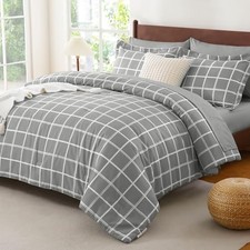 Comforter Set with Sheets - 7 Pieces Plaid Bed in a Bag Set Soft Queen Grey