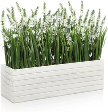 Artificial Lavender Flower Plants in Rectangular Wooden Planter Box Lifelike Fau