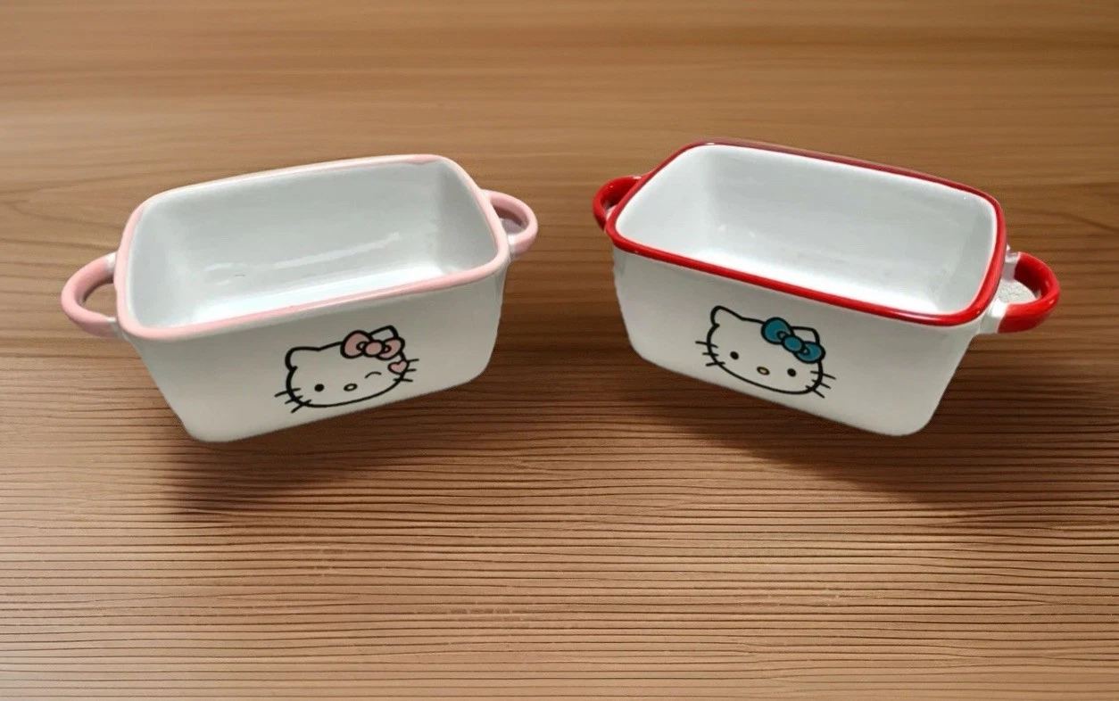🆕 2 PCs - HELLO KITTY HAND PAINTED STONEWARE CERAMIC MINI LOAF BAKE PANS SANRIO