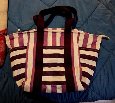 PINK Women s Purple/White Striped Tote Bag Zip Top Double Handles Gold Hardware