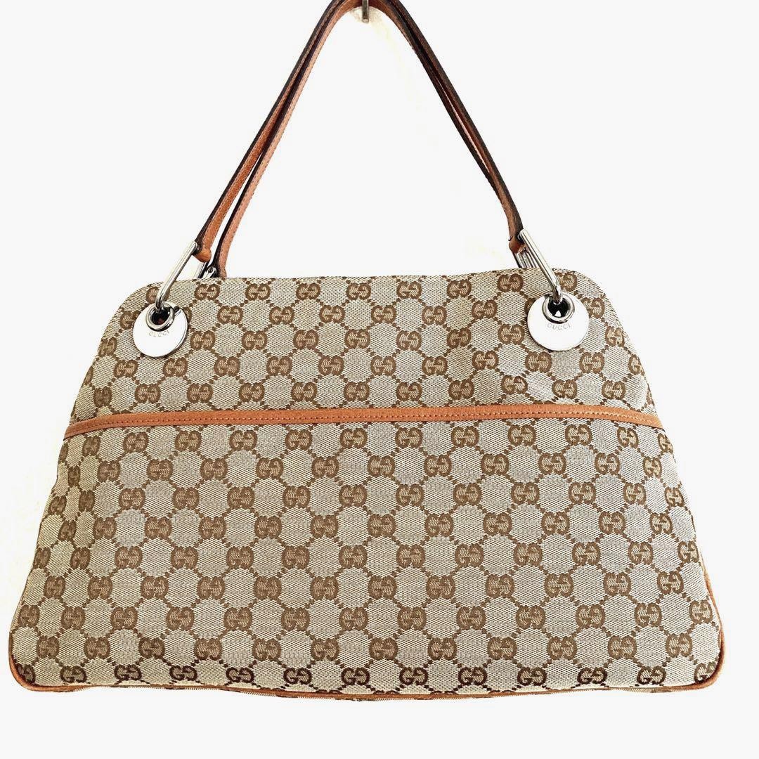 Gucci GG Canvas Leather Shoulder Bag in Camel Pre-Owned