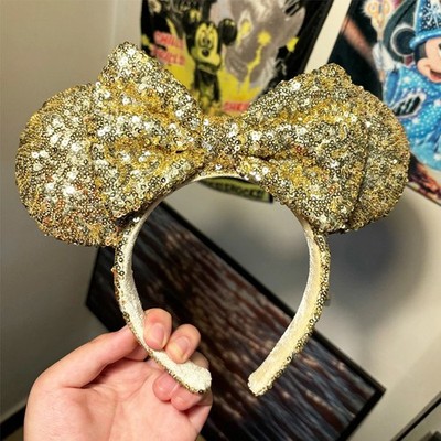 Disney- Parks Anniversary Light Gold Sequin Minnie Mouse Ears Bow Headband US