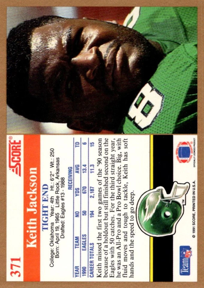 1991 Score Keith Jackson Philadelphia Eagles #371 - Image 2 of 2