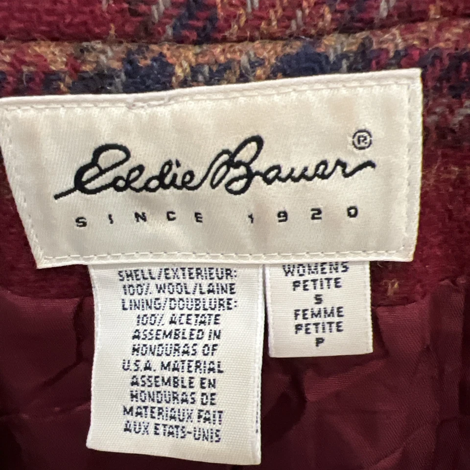Vtg Eddie Bauer Women Petite Small Brown Red Blue Wool Blazer Plaid - Image 3 of 4