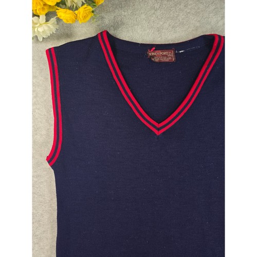 Kingsport Vintage 70s Navy Blue Red Striped V-Neck Sweater Vest Mens Large 42/44