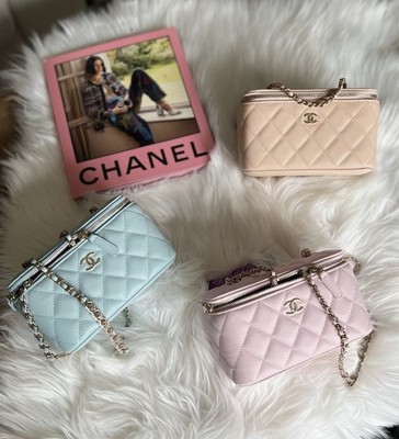 CHANEL Caviar Quilted Small Tiny CC Vanity Case With Chain Light Blue