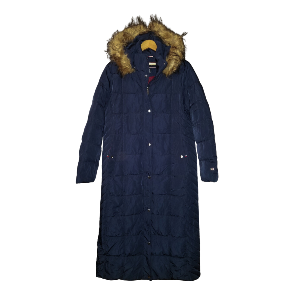 TOMMY HILFIGER Puffer Jacket NAVY Insulated Fur Hooded Long Parka Coat NEW  XL