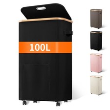 100L Tall Rolling Laundry Basket Wheels Dirty Clothes Hamper Lid Storage Black