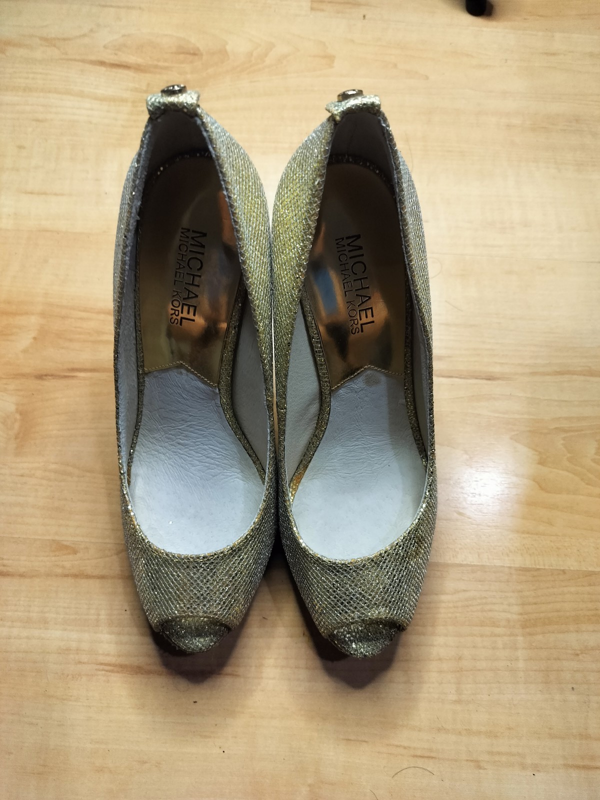 Michael Kors York Glitter Peep Toe Glitter Gold Platform Heels Size 7M Women's