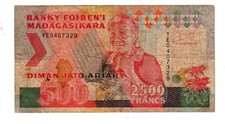 MADAGASCAR Banknote 500 ARIARY 2500 FRANCS 1993 P72A STORK GOOD CONDITION