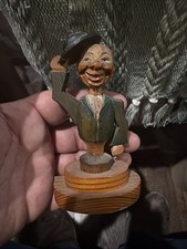 ANRI Italy Carved Wood Bottle Stopper Animated Man Tipping Hat Figural Cork Folk