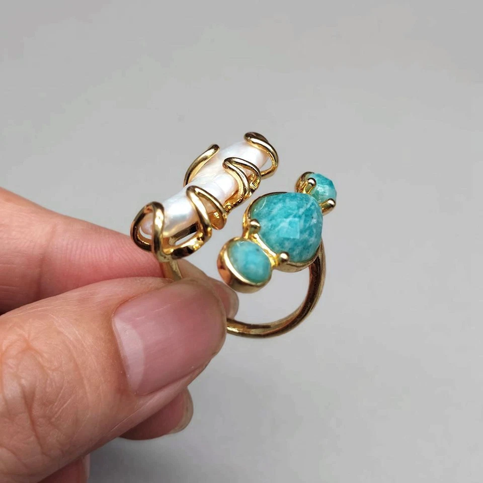 Anillos ajustables de amazonita azul perla Biwa blancos cultivados Foto 4 de 4